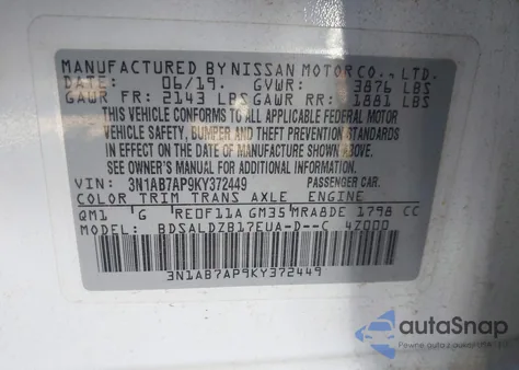 2019 Nissan Sentra Sv from USA, damaged, VIN 3N1AB7AP9KY372449